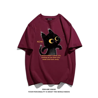 Cute Animal Print Black Cat Loose Fitting Versatile Top For Instagram