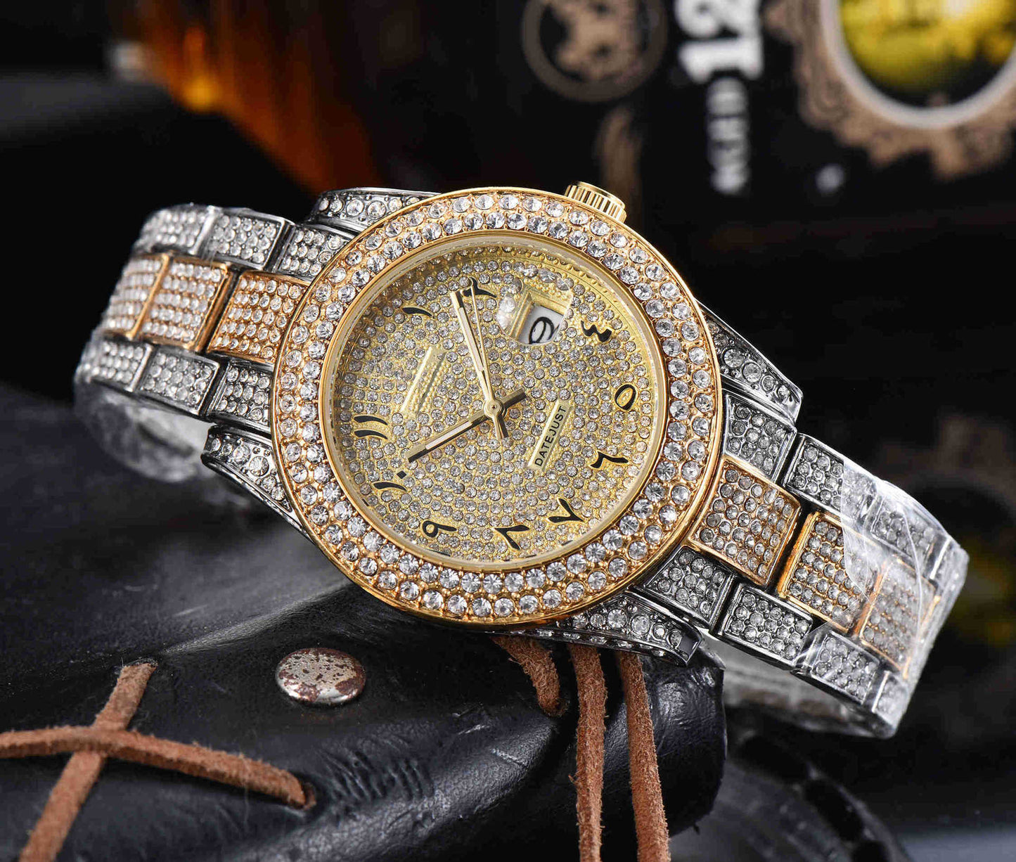 Mens All-Diamond Stainless Steel Quartz Watch