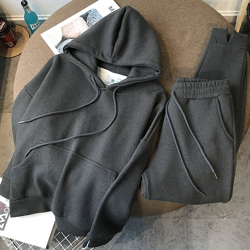 Thickened Fleece-Lined Solid-Color Sporty Casual Hoodie Set