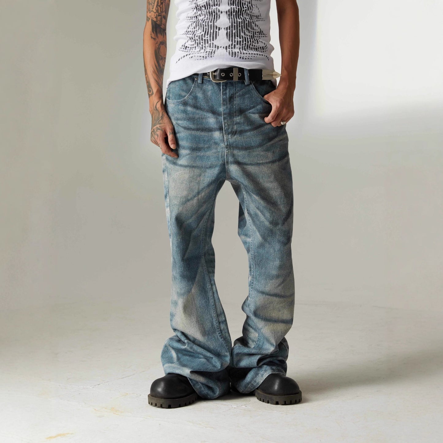 Retro Digital-printed Ripple Denim Jeans For Casual Wear