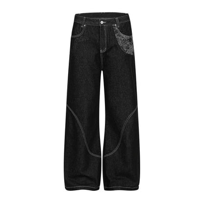 American-style Vintage Snake-pattern Raw Denim Narrow-rise Selvedge Flared Jeans