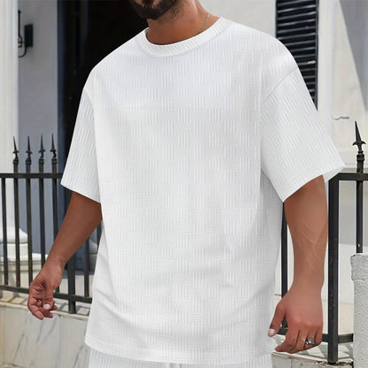 Mens Solid-Color Casual Simple Breathable Jacquard Loose Crew-Neck Short-Sleeve Shirt