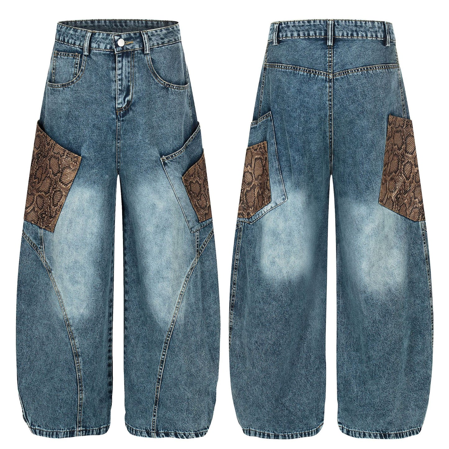Mens Retro Washed Loose Wide Leg Denim Jeans
