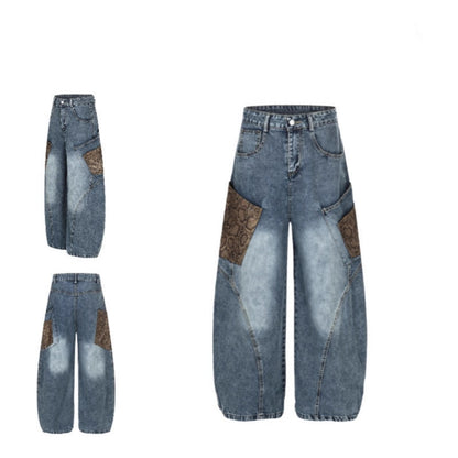 Mens Retro Washed Loose Wide Leg Denim Jeans