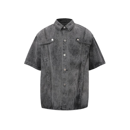 Trendy Edgy High-street Gradient-wash Denim Shirt And Shorts Set