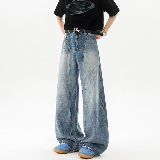 Retro Blue Denim Mens Loose Wide-leg Pants