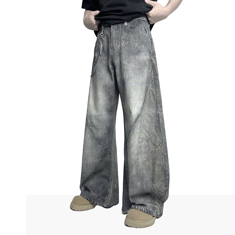 American-style Retro 3D-cut Patchwork Bootcut Denim Casual Pants