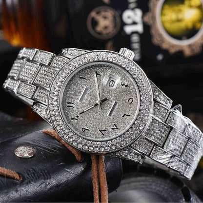 Mens All-Diamond Stainless Steel Quartz Watch