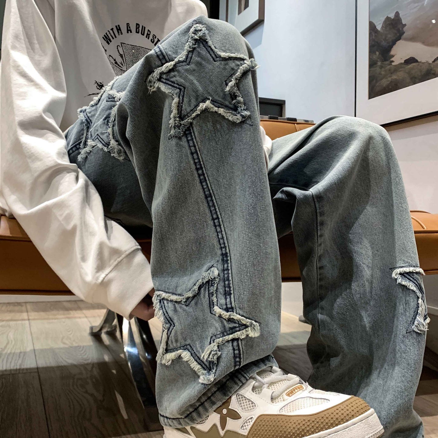 Mens Flared Loose High-Street Straight-Leg Pants