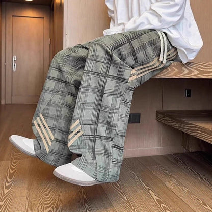 Striped And Plaid Patchwork Versatile Minimalist Straight-leg Wide-leg Sweatpants