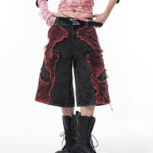 Distressed Brushed Stitching Denim Cropped Pants