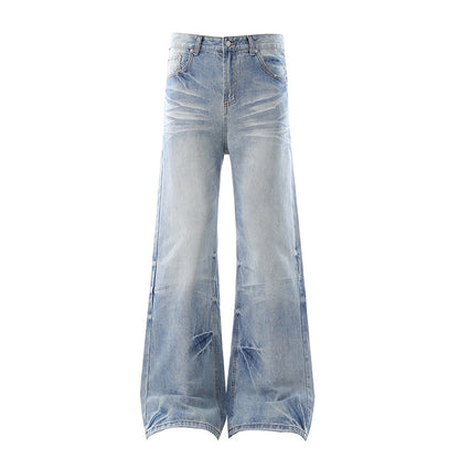 American-style Vintage Washed Distressed High-street Jeans With Whiskering And Creases