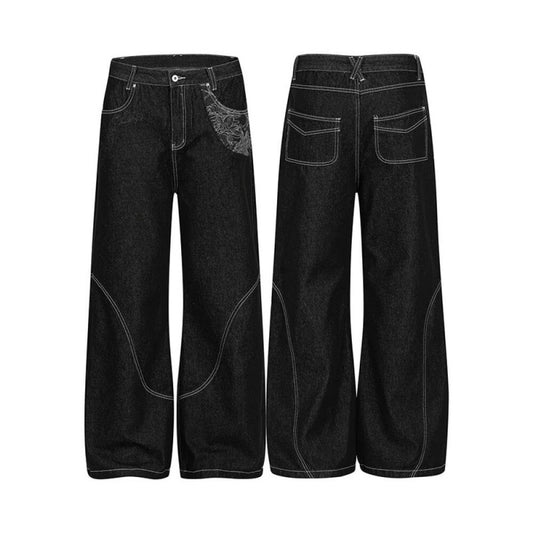 American-style Vintage Snake-pattern Raw Denim Narrow-rise Selvedge Flared Jeans