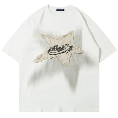 New Men's Clothing American-style Retro Star Patchwork Loose-fit Short-sleeve Shirt
