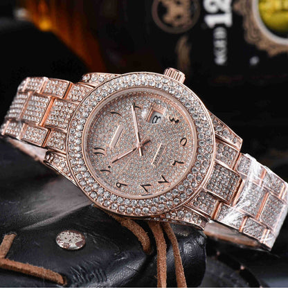 Mens All-Diamond Stainless Steel Quartz Watch