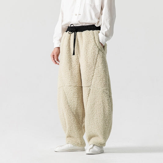 Plus Size Japanese Lamb Wool Chinese Style Solid Color Fleece Cotton Pants