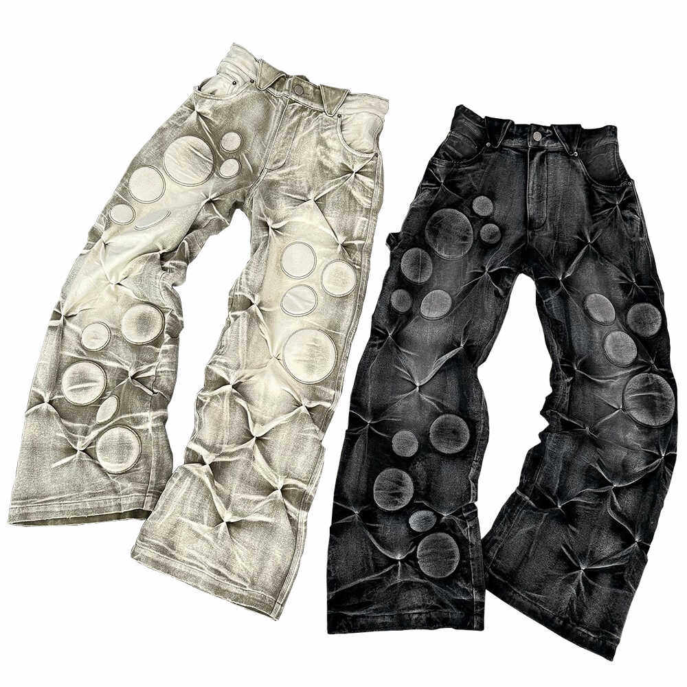 Heavy-wash Faded And Distressed Loose-fit Embroidered Casual Padded Pants