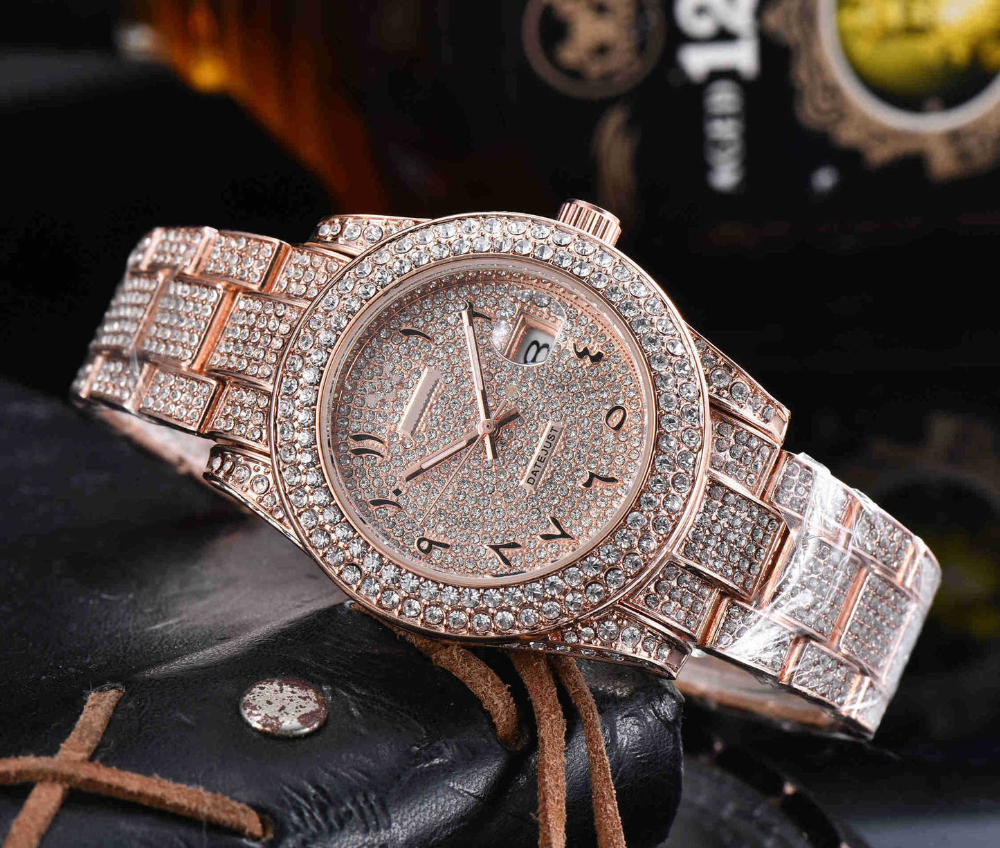 Mens All-Diamond Stainless Steel Quartz Watch