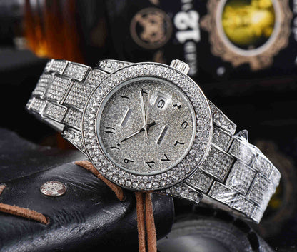 Mens All-Diamond Stainless Steel Quartz Watch