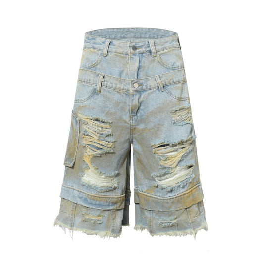 Printed Loose Denim Cropped Pants Men's Casual Wide Leg Shorts