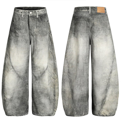 American-style Retro 3D-cut Patchwork Bootcut Denim Casual Pants