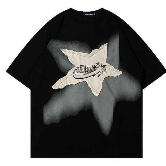 New Men's Clothing American-style Retro Star Patchwork Loose-fit Short-sleeve Shirt