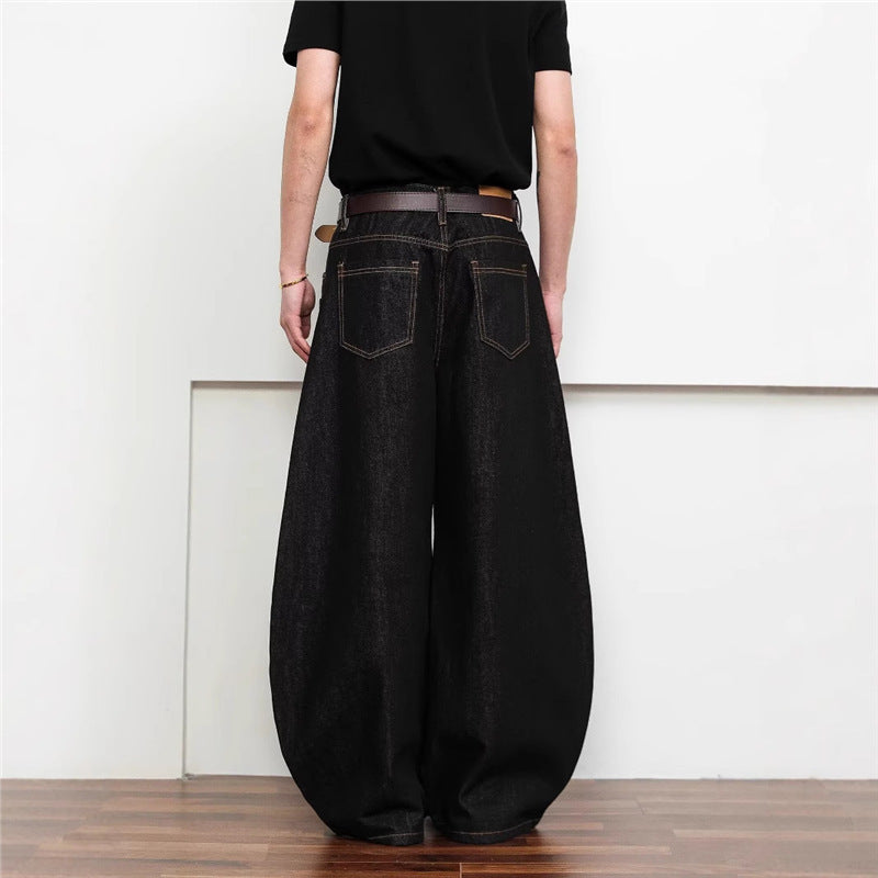 Dark Wash Raw Denim Jeans With Intricate Embroidery American-Style Loose Fit