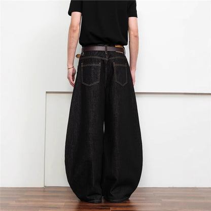Dark Wash Raw Denim Jeans With Intricate Embroidery American-Style Loose Fit