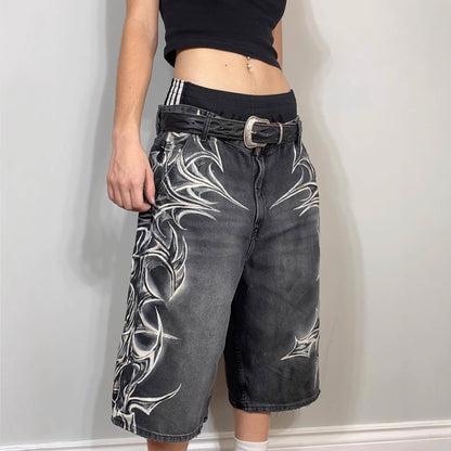American Retro Gothic Printed Denim Shorts