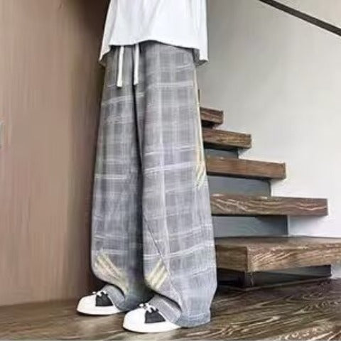 Striped And Plaid Patchwork Versatile Minimalist Straight-leg Wide-leg Sweatpants