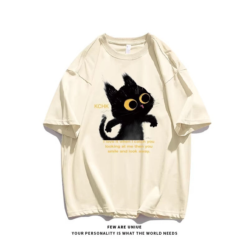 Cute Animal Print Black Cat Loose Fitting Versatile Top For Instagram