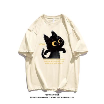 Cute Animal Print Black Cat Loose Fitting Versatile Top For Instagram