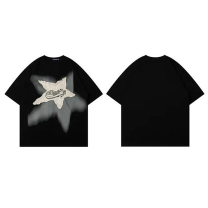 New Men's Clothing American-style Retro Star Patchwork Loose-fit Short-sleeve Shirt