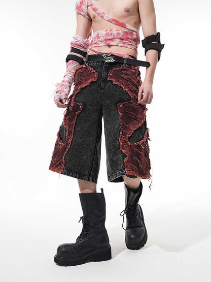 Distressed Brushed Stitching Denim Cropped Pants