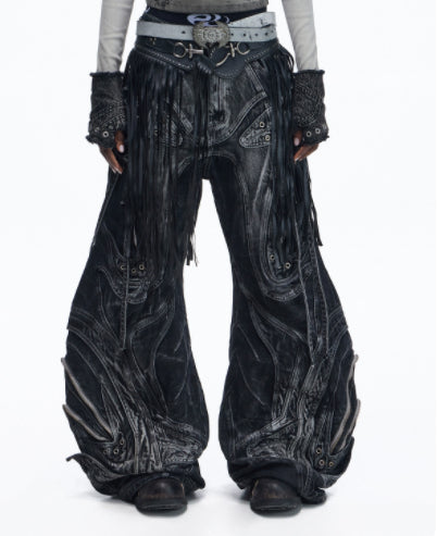 Drawstring Adjustable Silhouette Defining Patchwork Gray Jeans