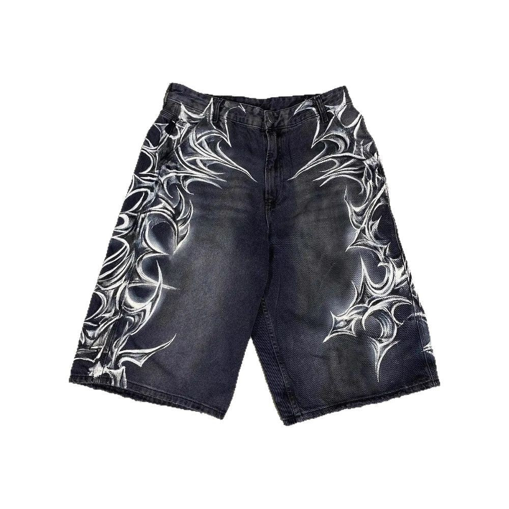 American Retro Gothic Printed Denim Shorts