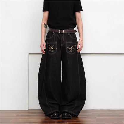 Dark Wash Raw Denim Jeans With Intricate Embroidery American-Style Loose Fit