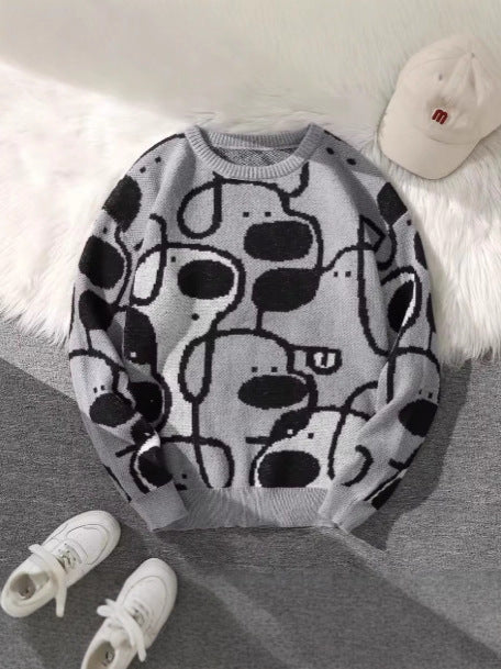 Printed Knitted Unisex Casual Crew-Neck Pullover
