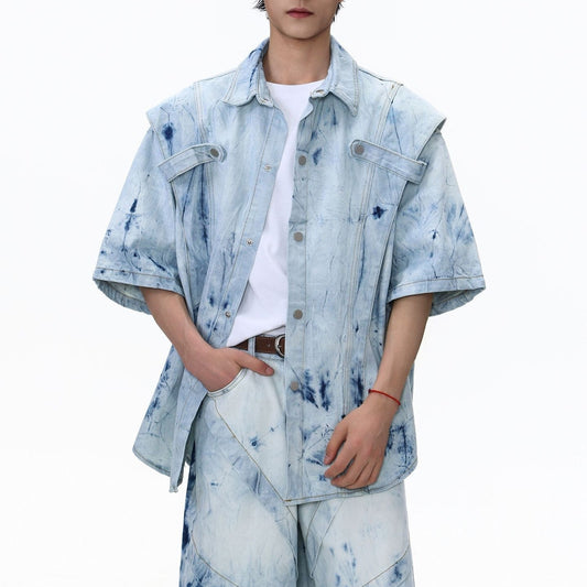 Trendy Edgy High-street Gradient-wash Denim Shirt And Shorts Set