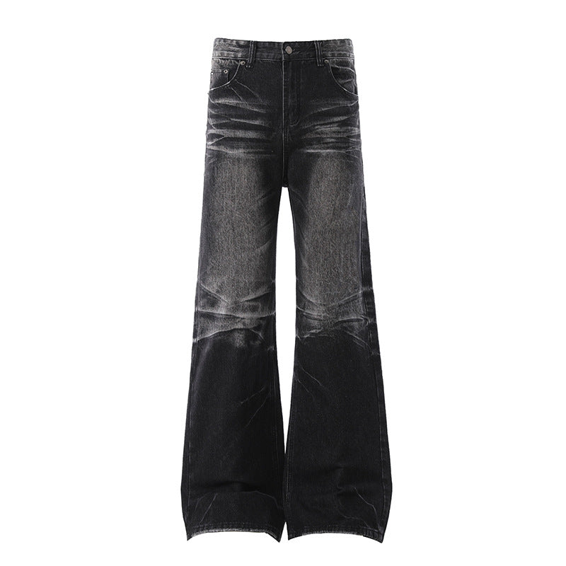 American-style Vintage Washed Distressed High-street Jeans With Whiskering And Creases