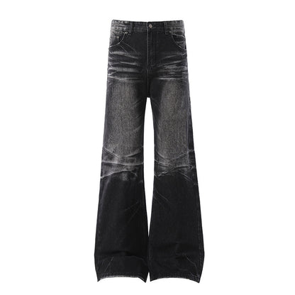 American-style Vintage Washed Distressed High-street Jeans With Whiskering And Creases