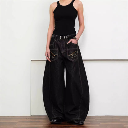 Dark Wash Raw Denim Jeans With Intricate Embroidery American-Style Loose Fit