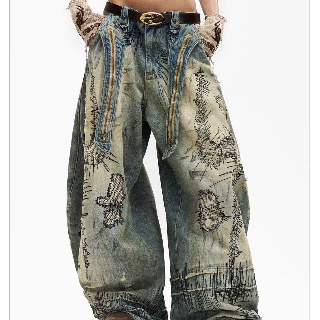 Plus Size American Street Heavy Industry Random Needle Embroidery Stain Jeans