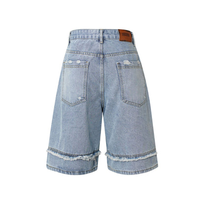 American Pu Shuai Distressed High Street Raw Edge Denim Shorts
