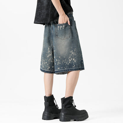Retro Washed Ripped Splash Ink Five Points Denim Men's Shorts