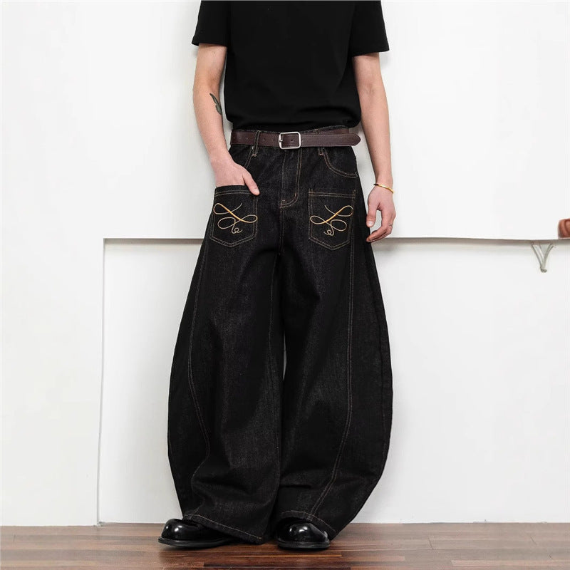 Dark Wash Raw Denim Jeans With Intricate Embroidery American-Style Loose Fit