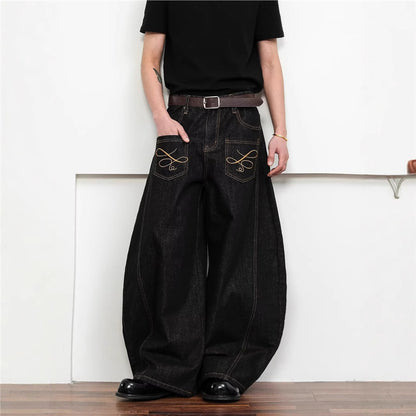 Dark Wash Raw Denim Jeans With Intricate Embroidery American-Style Loose Fit