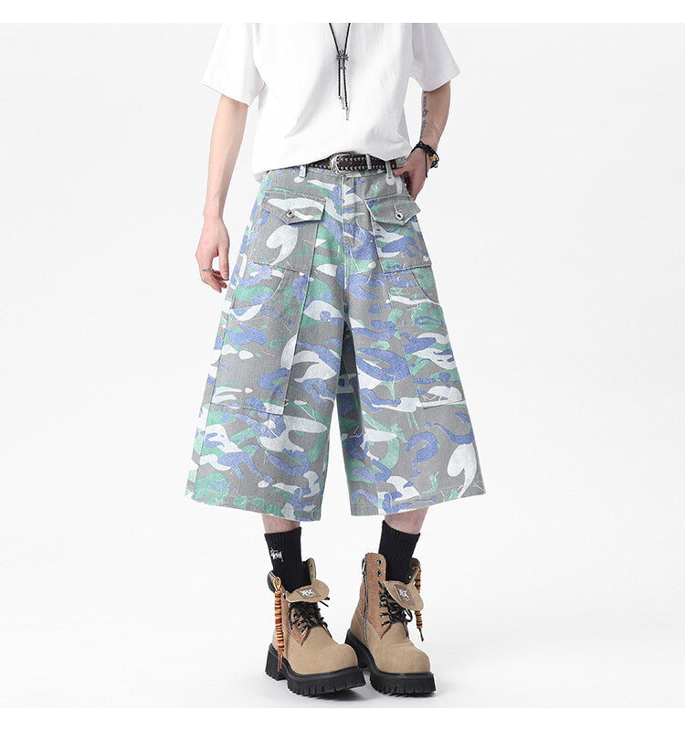 Denim American Big Workwear With Pocket Cropped Trousers Camouflage Pants