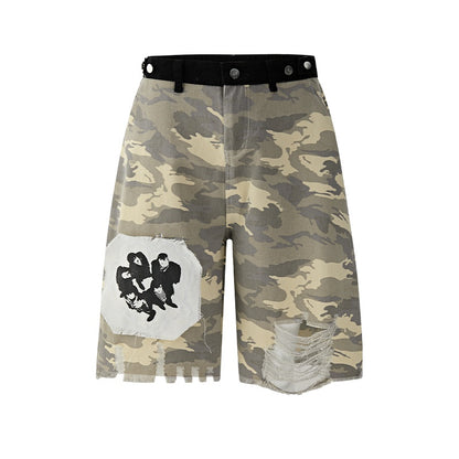 Casual Retro Patch Camouflage Denim Cropped Pants