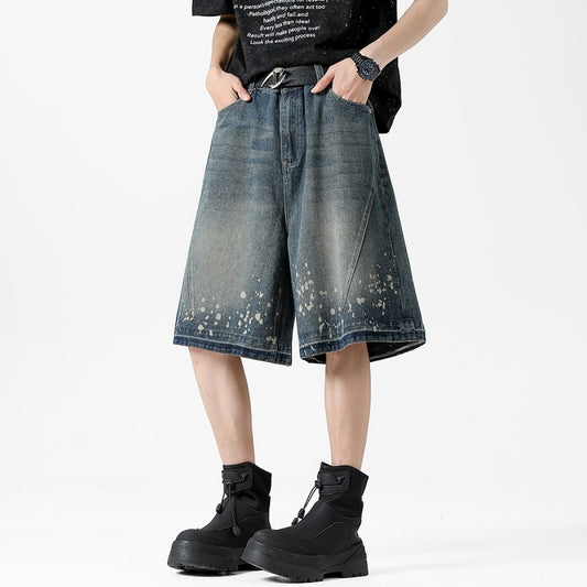 Retro Washed Ripped Splash Ink Five Points Denim Men's Shorts
